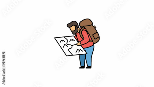 Backpacker looking at mountain map illustration on white background