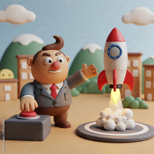 Wallpaper Mural Businessman Clay Figure Launching Rocket with Red Button for Startup Success Torontodigital.ca