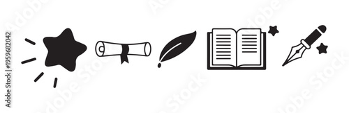 Writing and literary icons including fountain pen quill feather scroll book and magic star