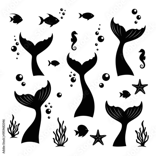 Black silhouette mermaid tails swimming underwater.