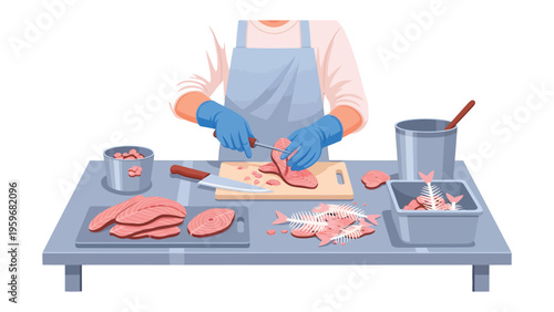 Precision Cutting: A skilled artisan meticulously prepares fresh fish on a pristine table. Precise movements and the gleam of the tools, show dedication to culinary expertise.