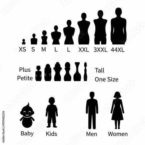 Black silhouettes of human clothing sizes.