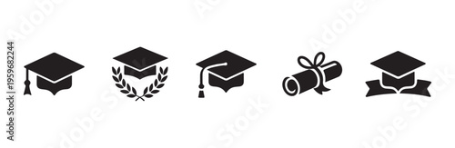 Set of five black glyph icons depicting various graduation caps and diploma