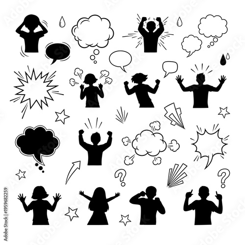 Black silhouettes of people expressing emotions.