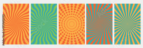 Swirl Retro Groovy Pattern. Psychedelic Wavy Vector Background. Abstract Funky Spiral and Radial Sun Burst Bg Set.