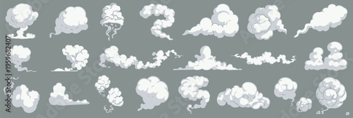 Comic Smoke Cloud Set, Cartoon Smoke Flow, Dust and Smog Silhouettes, Steaming Cloud Effects for Comic Design, Explosion and Motion Graphics Vector Collection