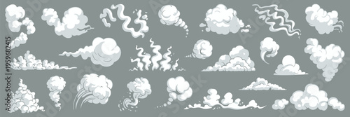 Comic Smoke Cloud Set, Cartoon Smoke Flow, Dust and Smog Silhouettes, Steaming Cloud Effects for Comic Design, Explosion and Motion Graphics Vector Collection