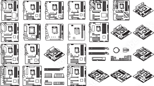 A collection of motherboards and electronic components. High-angle shot showcases different perspectives, suitable for technological illustrations. 
