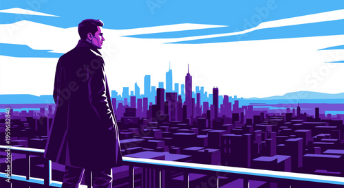Man in a Trench Coat Looking Out Over a Distant City Skyline - A Stylized Vector Illustration