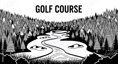 Vector illustration of a winding river on a golf course surrounded by trees and sand traps, a serene natural landscape for sports and leisure activities