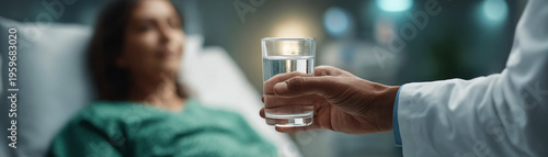 Doctor hand offers glass water for patient in hospital, warm care with deep compassion, gently reassuring, calming, empathetic