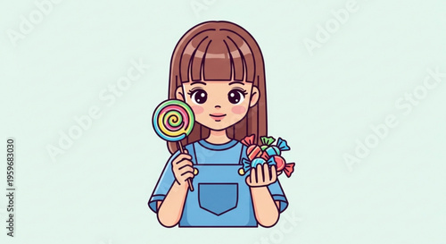 Cute cartoon girl holding colorful lollipop and assorted candies smiling sweetly in blue outfit against soft green background