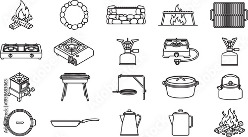 A Collection of camping equipment in line art style for outdoor cooking, perfect for illustrators and designers. 