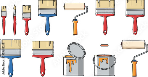 Set of Cartoon Paint Brushes, Rollers, and Paint Cans with Orange Paint, Vector Illustration for Home Improvement and Painting Tools