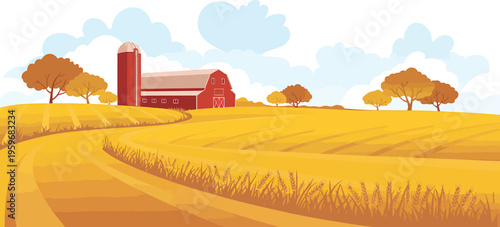 Autumnal Farm Landscape Illustration with Ripe Wheat Field and Traditional Red Barn Building