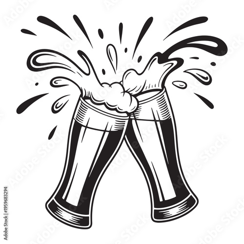 Two beer glasses clinking together with a burst of liquid a dynamic illustration silhouette high-quality