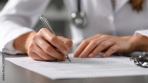 Doctor Writing Prescription with Medical Paperwork in Office