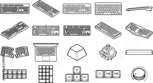 Multiple keyboard layouts in various views, highlighting the diversity in computer input devices. A range of designs and components showcase the evolution of input technology.