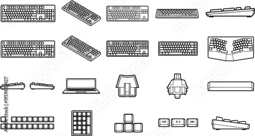 A collection of keyboard outlines on a clean, uncluttered display, highlighting the variety of designs and components.