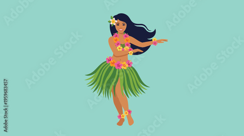 Graceful illustration of a Hawaiian hula dancer performing a traditional island dance with vibrant floral adornments, celebrating culture and tropical beauty