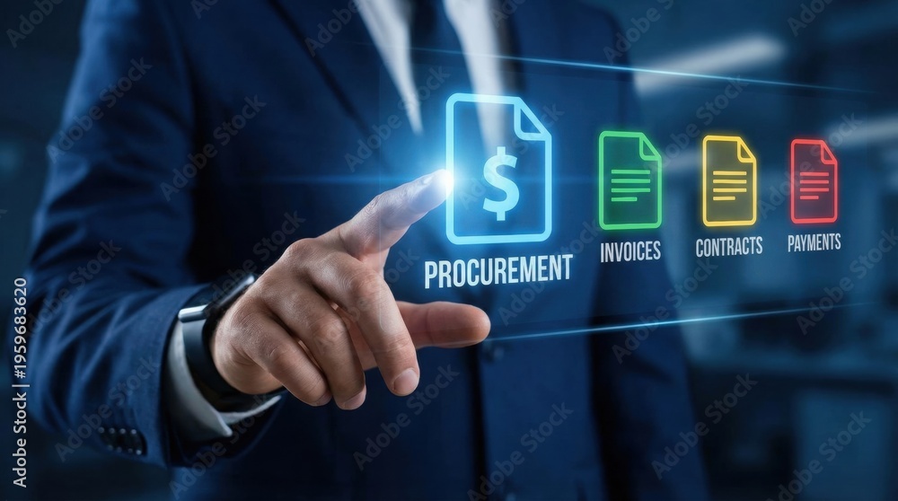 Obraz premium AI driven procurement technology supports enterprise supply chain automation with digital invoices contracts and payments for streamlined business
