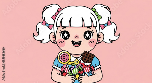 Little girl happily holding colorful sweets and chocolates against soft pink background