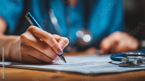 Medical Professional Completing Patient Documentation at Desk