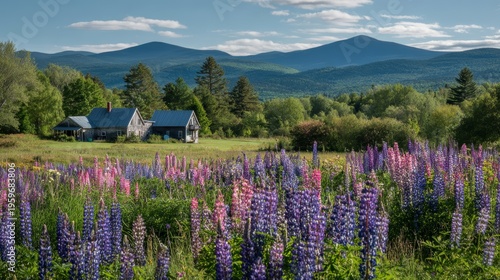 Serene Countryside Landscape with Vibrant Wildflowers and Mountains