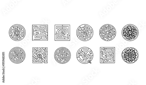 A collection of maze and labyrinth designs in a minimalist vector graphic