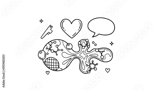 A minimalist vector illustration of a brain with creative symbols and icons