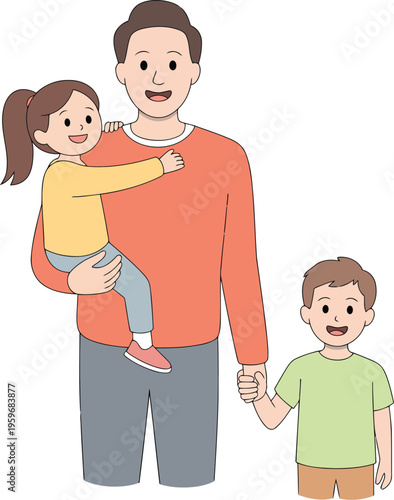 A cartoon man holding a little girl and a little boy