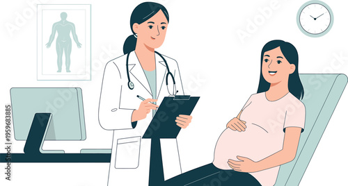 Pregnant Woman Having a Medical Consultation with a Female Doctor in a Modern Clinic Office