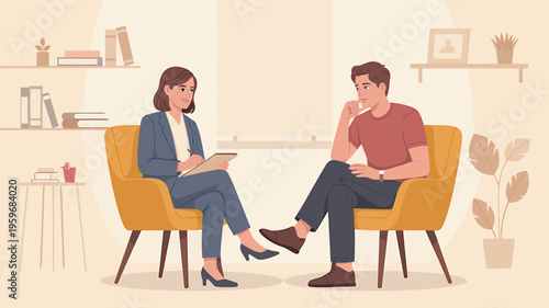 Professional Psychologist Counseling Session with Male Patient in Office Illustration Vector