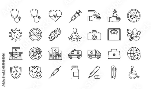A set of medical icons and symbols in a flat line art style