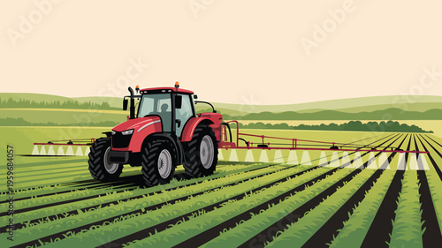 Red agricultural tractor spraying fertilizers on green field during sunset at large rural farm