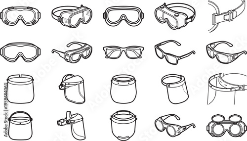 Protective eyewear and face shields collection, vector-style, for safety, featuring essential gear for various protection needs.