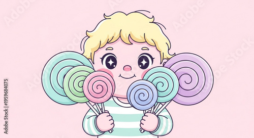 Happy child holding colorful lollipops against pastel pink background with sweet treats