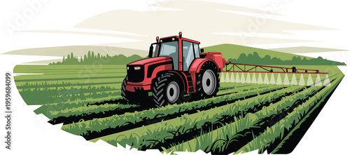 Red Agricultural Tractor Spreading Fertilizer or Pesticide on a Green Farm Field Illustration