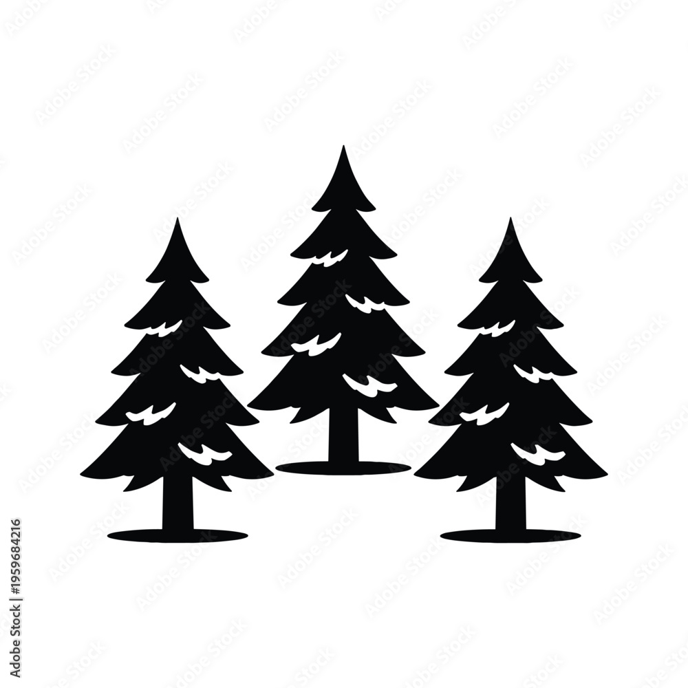 Obraz premium Three evergreen trees silhouette vector graphic illustration with tree line