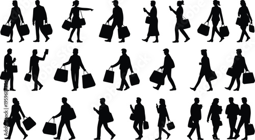 A silhouettes of people walking and standing and many carrying shopping bags.
