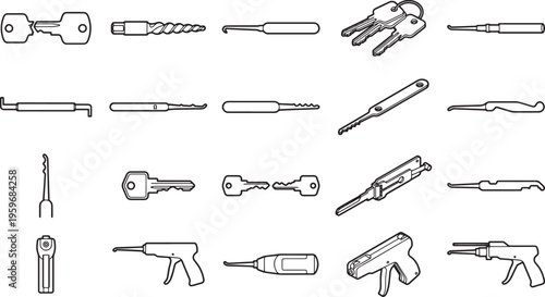 collection of different tools on display. a detailed collection of security and safety tools.