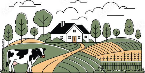 Rural Farm Landscape Illustration with Dairy Cow Grazing in Green Fields and Country House Home