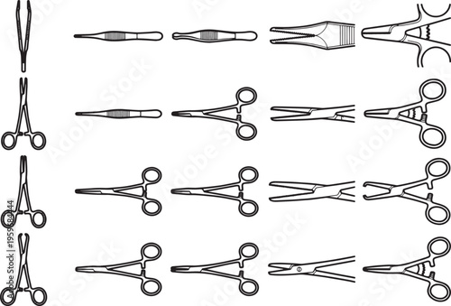 A detailed and technical illustration displays a collection of surgical instruments, tools essential for precision and care in the operating room.