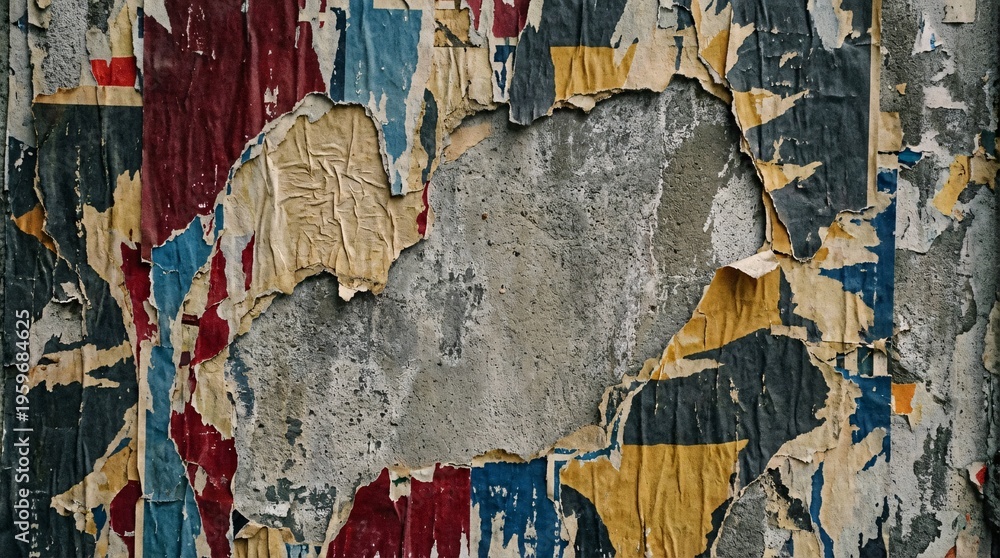 Naklejka premium Texture of torn layered paper posters peeling off a rough grunge concrete wall with blank copy space.
