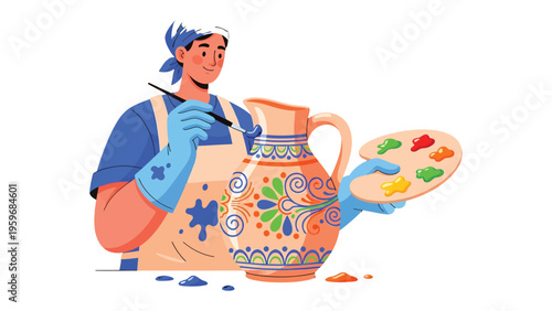 Artisan's Artistic Touch: A skilled artisan, adorned in a protective apron, meticulously crafts a pottery piece, his brush bringing vibrant colors to life. His concentration, reflected in his touch.