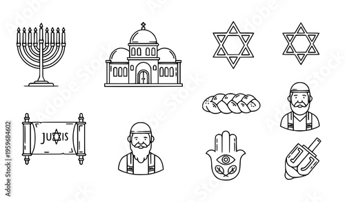 A set of Jewish cultural and religious icons in a minimalist line art style