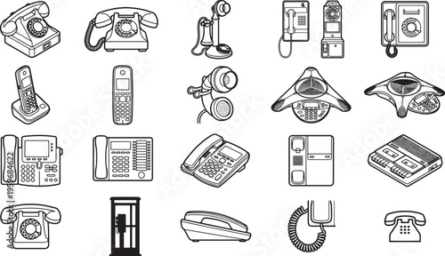 A comprehensive assortment of classic and contemporary telephones and communication devices, set against a pristine backdrop. The image is a detailed monochrome depiction.