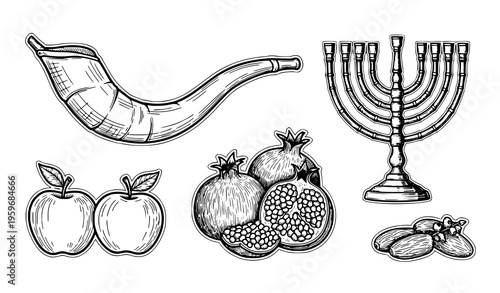 A set of Jewish symbols including a shofar, menorah, apples, pomegranates, and nuts.