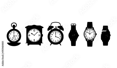 Timepieces collection vector clocks and watches historical and modern styles set