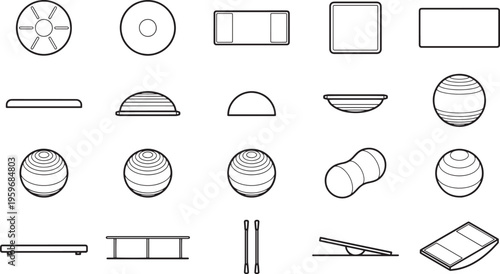 A minimalistic collection of various fitness equipments icons, presenting the essential tools for a comprehensive fitness regimen. 